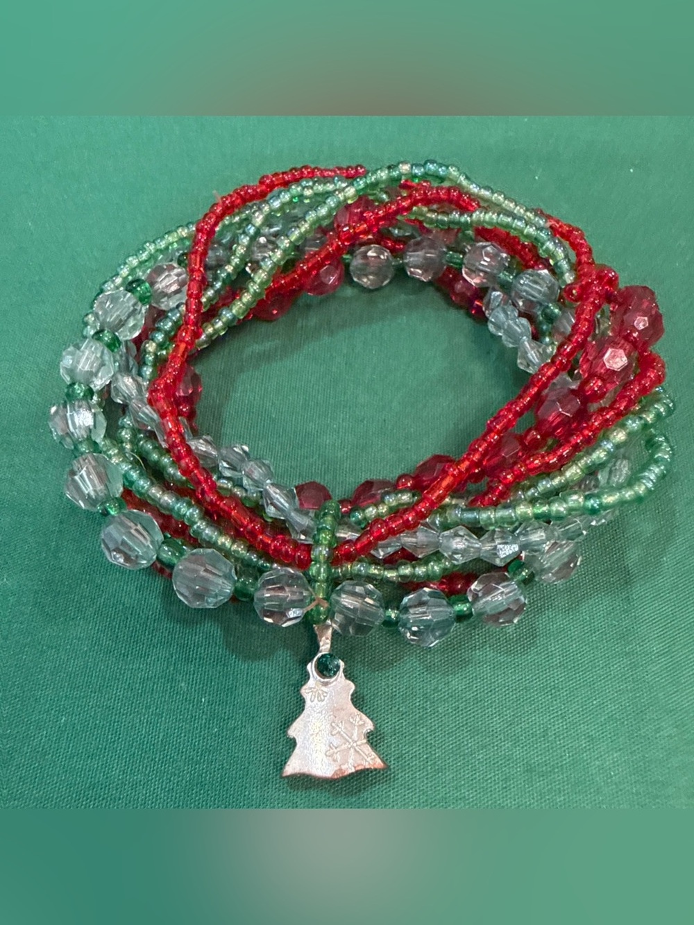 Red &Green Stretch Multi strand Beaded Bracelet With Christmas Tree Charm. 38E